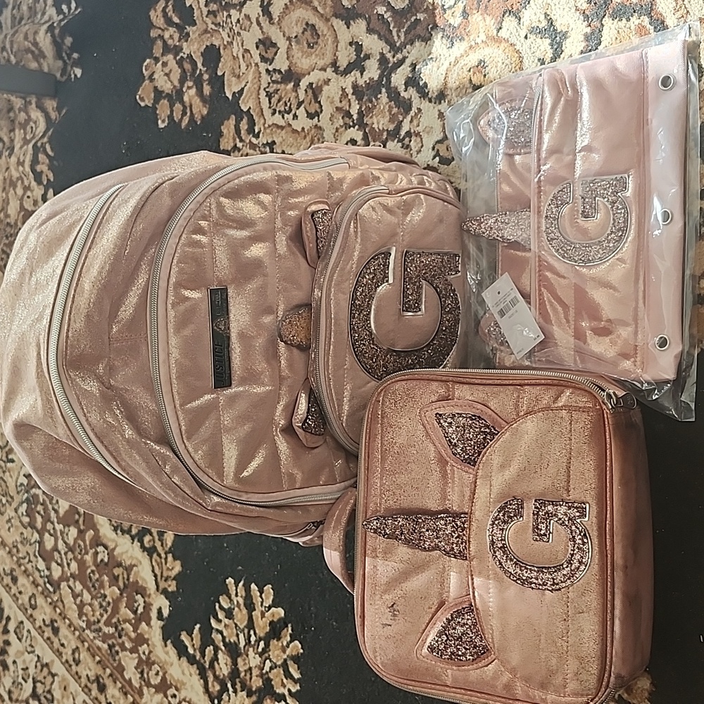 3BUNDLE🦄 Justice Unicorn "G" backpack, lunchbag & NWT pencil case; sparkle pink